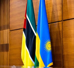 Two flags in a wood-paneled room: one with green, red, black diagonal stripes edged in yellow; the other blue with a yellow sun emblem at the center-right.