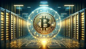 Bitcoin symbol encased in a glowing digital sphere, hovering above circuit lines in a futuristic data center with server racks on both sides.