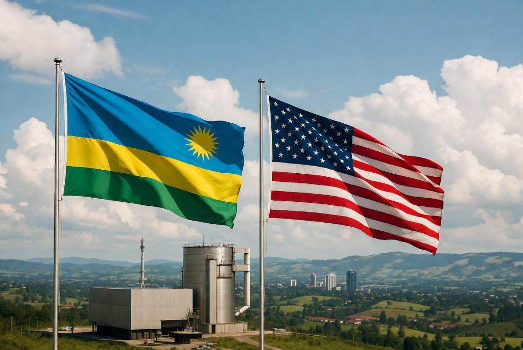 Rwandan and American flags fluttering above a facility with a rural townscape in the background.