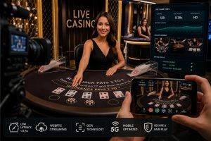 Female dealer at a live blackjack table, smiling as she handles cards, with camera and monitor showing live stats nearby.
