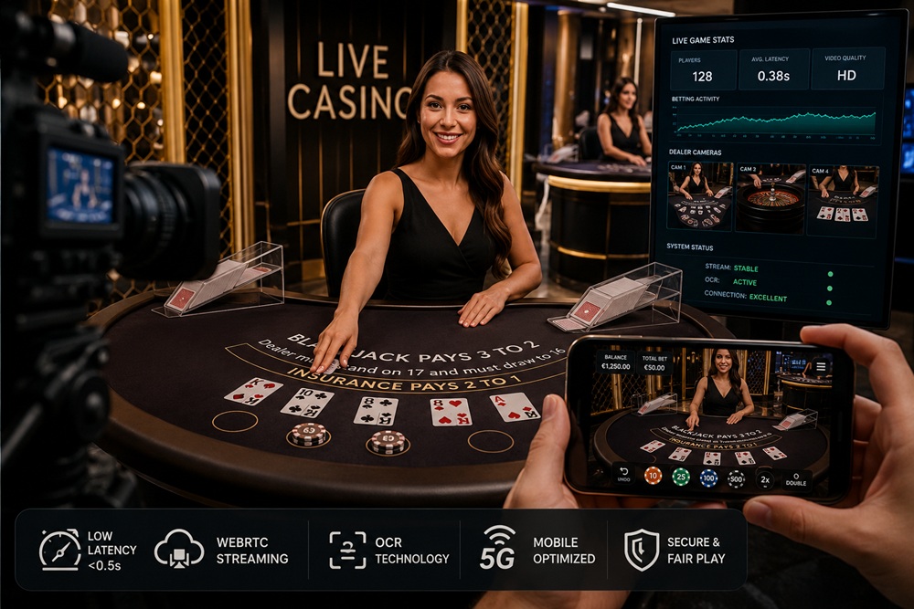 Female dealer at a live blackjack table, smiling as she handles cards, with camera and monitor showing live stats nearby.