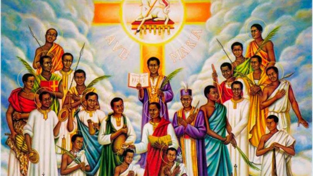 Diverse group of people in colorful robes with halos, central figure holding an open book under a sun emblem in the sky, symbolizing unity and faith.