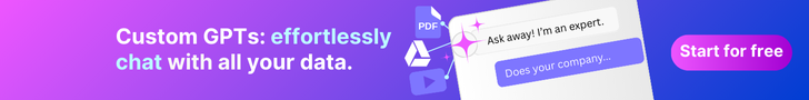 Banner ad promoting Custom GPTs with gradient purple-to-blue background, featuring the slogan 'Custom GPTs: effortlessly chat with all your data' and a purple 'Start for free' button, plus small illustrative chat cards.