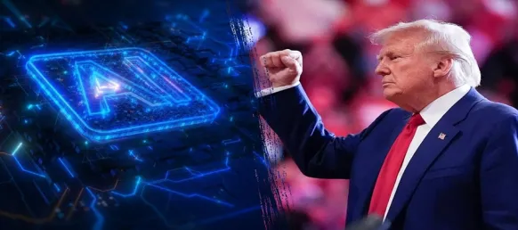 Donald Trump in a navy suit and red tie raises his right fist beside a glowing blue digital play button graphic on a tech-themed background lighted in blue.