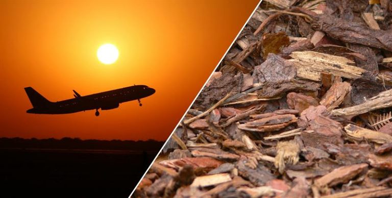 Split image: silhouette of a passenger jet taking off at sunset on the left; right side shows brown wood mulch on the ground