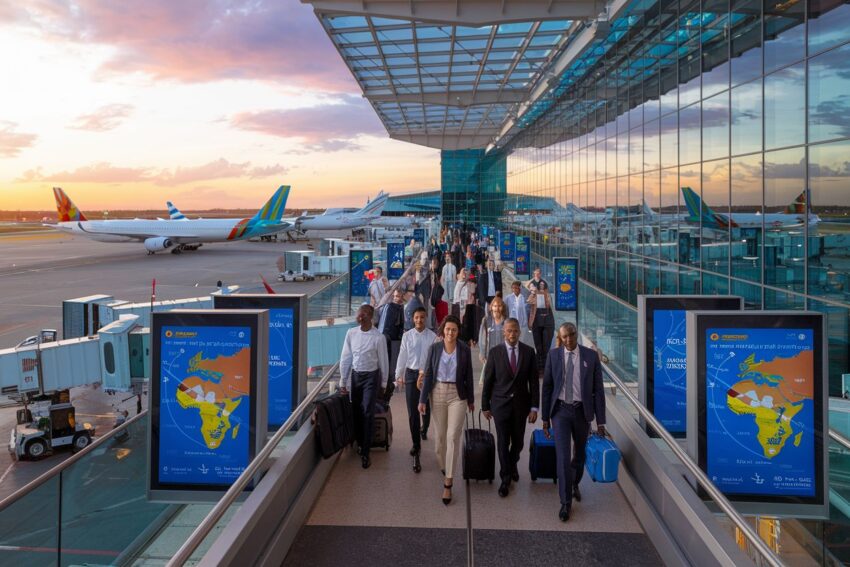Group of business travelers walking with rolling suitcases along an airport terminal jet bridge at sunset.