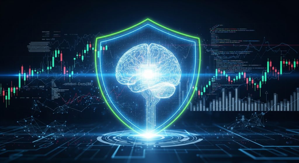 Glowing blue brain inside a shield over a stock market background, symbolizing AI security in finance.