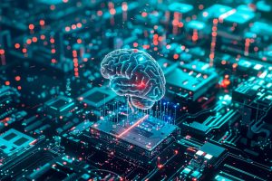 Glowing blue brain hologram hovering above a neon circuit board, symbolizing AI hardware.