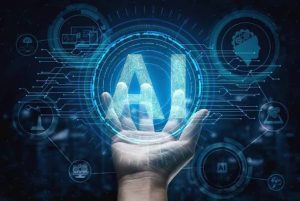 A hand supports a glowing AI emblem surrounded by a futuristic digital interface of circuits and icons.