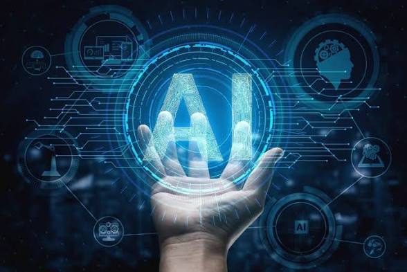 A hand supports a glowing AI emblem surrounded by a futuristic digital interface of circuits and icons.