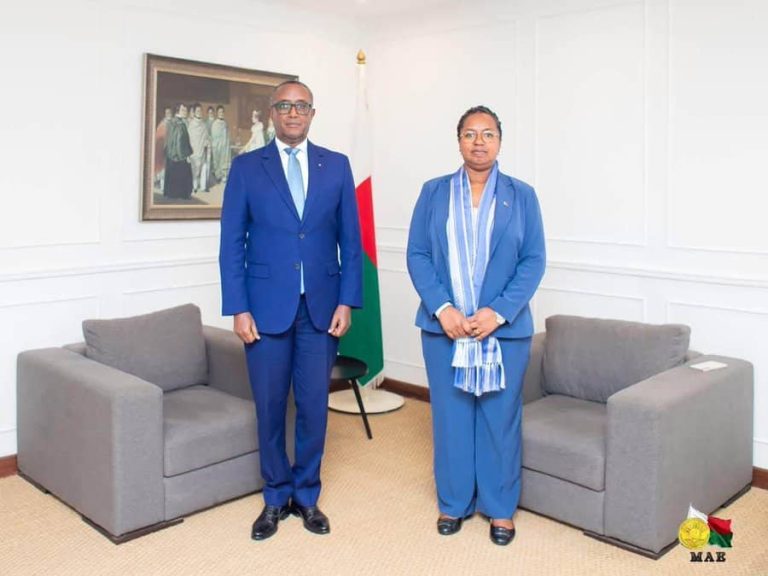 Two officials in blue suits stand in a formal office with Madagascar's flag between them and gray couches nearby.