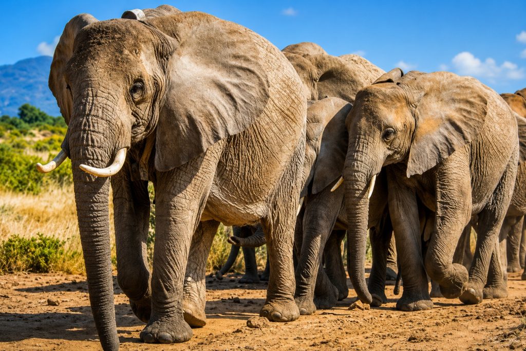 Herd of elephants walking in a sunlit savannah with a clear blue sky in the background, showing wrinkled gray skin and tusks.