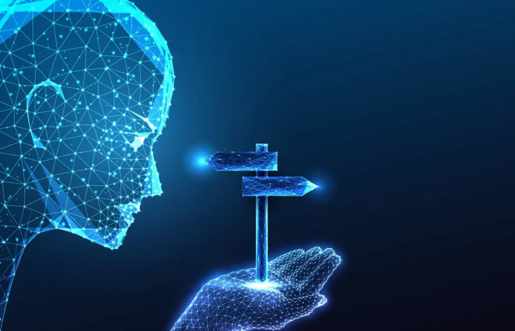 Futuristic blue wireframe head and hand holding a two-direction signpost, symbolizing AI guidance and choice.