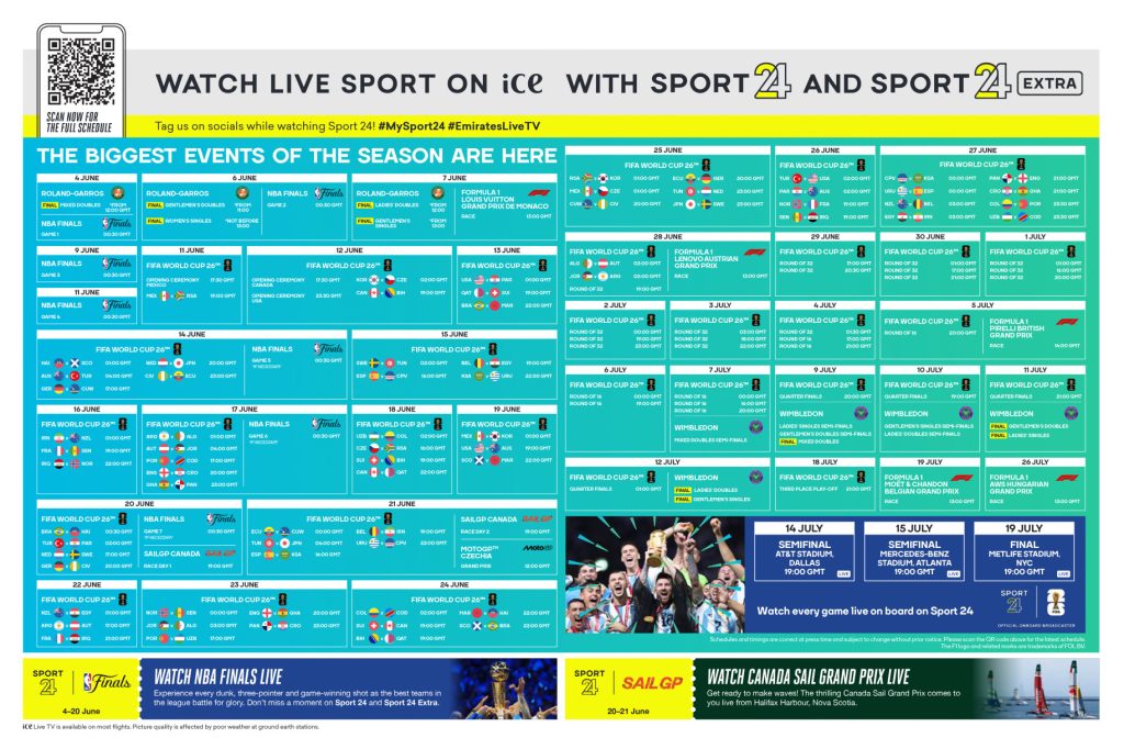 Schedule infographic of major sports events (June–July) with teal panels: FIFA World Cup, NBA Finals, Wimbledon, SailGP, and more.