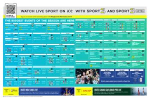 Schedule infographic of major sports events (June–July) with teal panels: FIFA World Cup, NBA Finals, Wimbledon, SailGP, and more.
