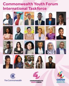 Collage of diverse young professionals in a grid under a pink Commonwealth Youth Forum backdrop.