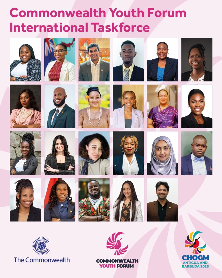 Collage of diverse young professionals in a grid under a pink Commonwealth Youth Forum backdrop.