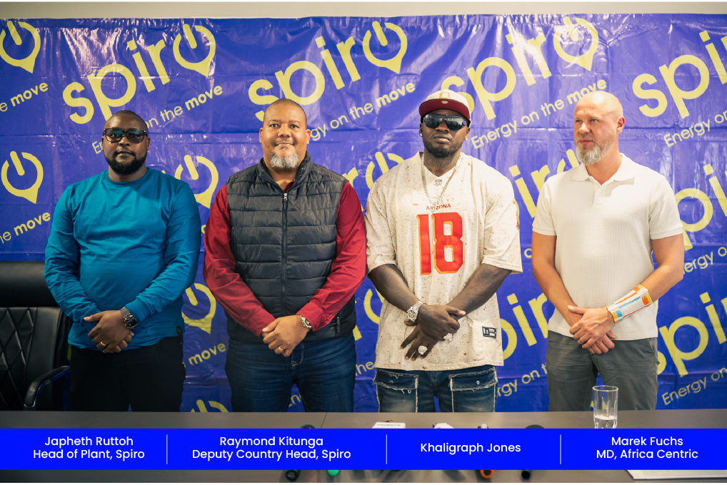 Four men pose in front of a blue Spiro backdrop; names shown: Japheth Ruttoh, Raymond Kitunga, Khaligraph Jones, Marek Fuchs.